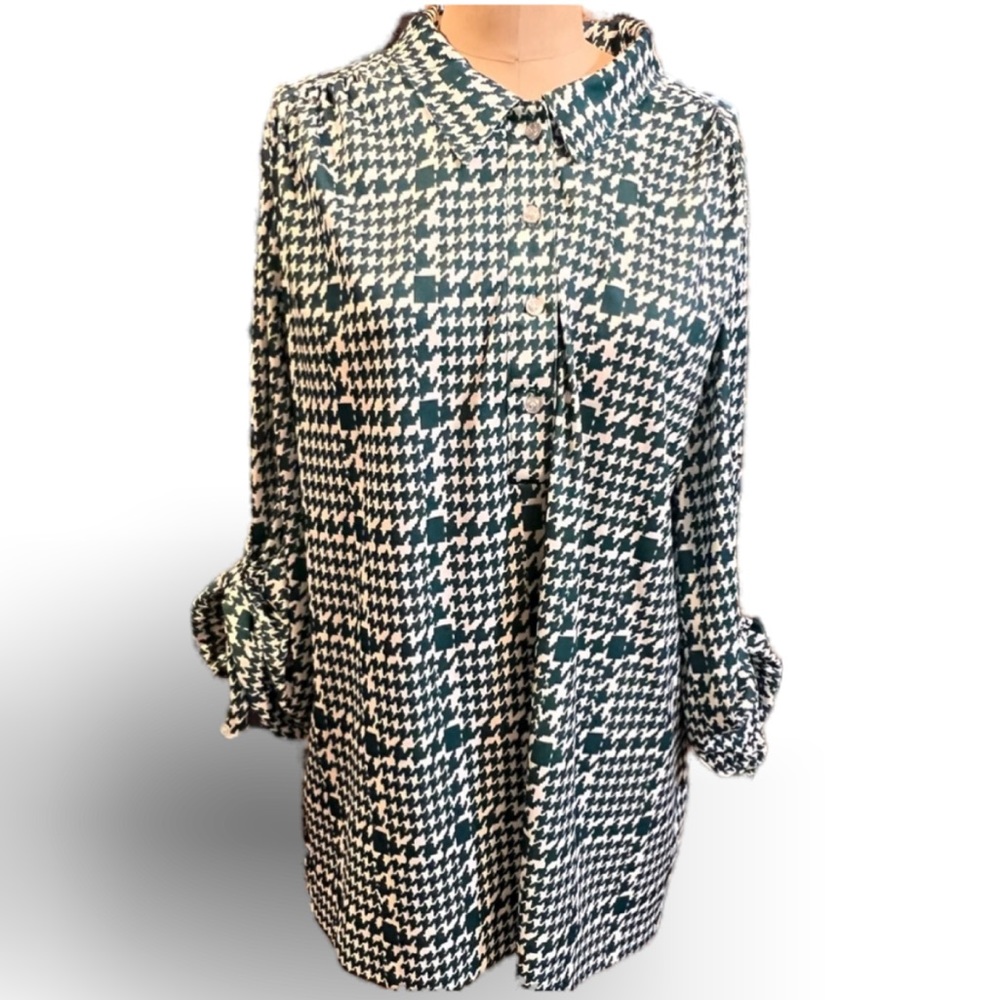 Vintage green white geometric houndstooth check button down‎ shirt plus size